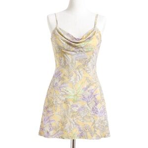 Lulus Satin Cowl Neck Dress XL Yellow Tropical Floral Slip Dress Strappy Resort